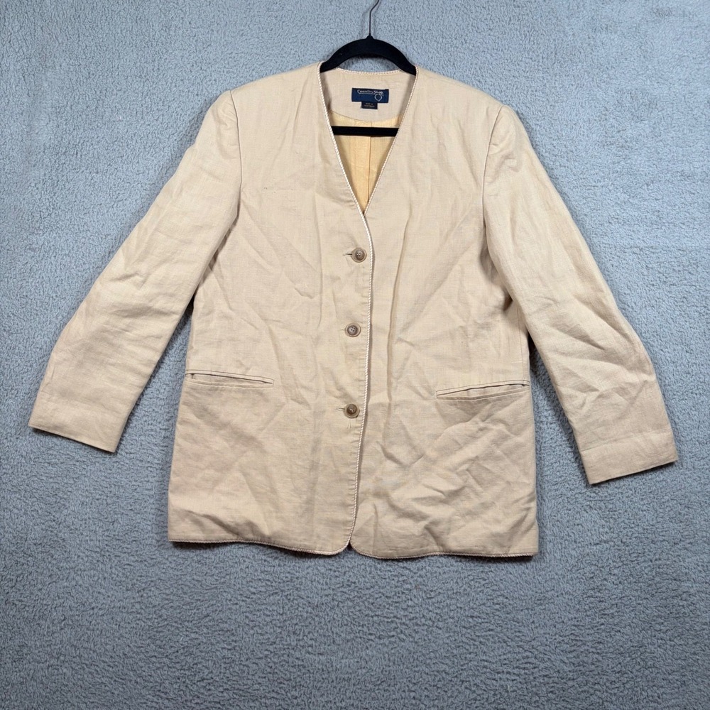 VTG Country Shop Linen Blazer Jacket Beige Moygashel Fabric Mens M Pocket Resort